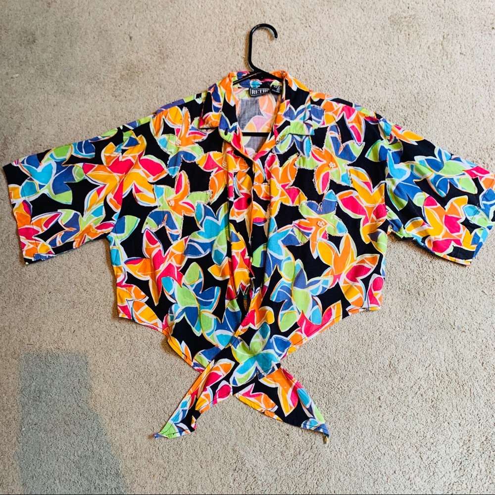 Vintage 80s Rainbow Flower Crop Top Beaded Blouse